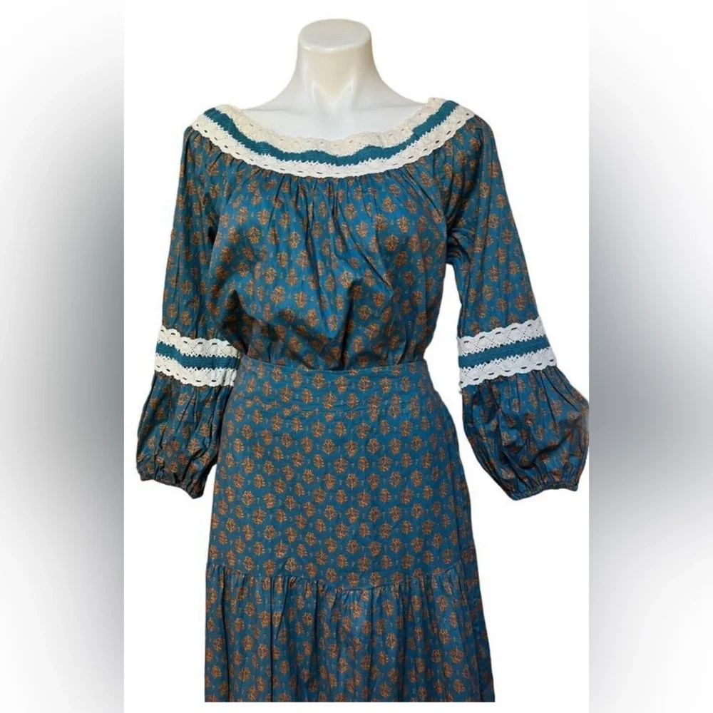 Luna Moon Maxi Skirt Set 2 Piece Teal Peasant Crocheted Ruffled Boho Size Small